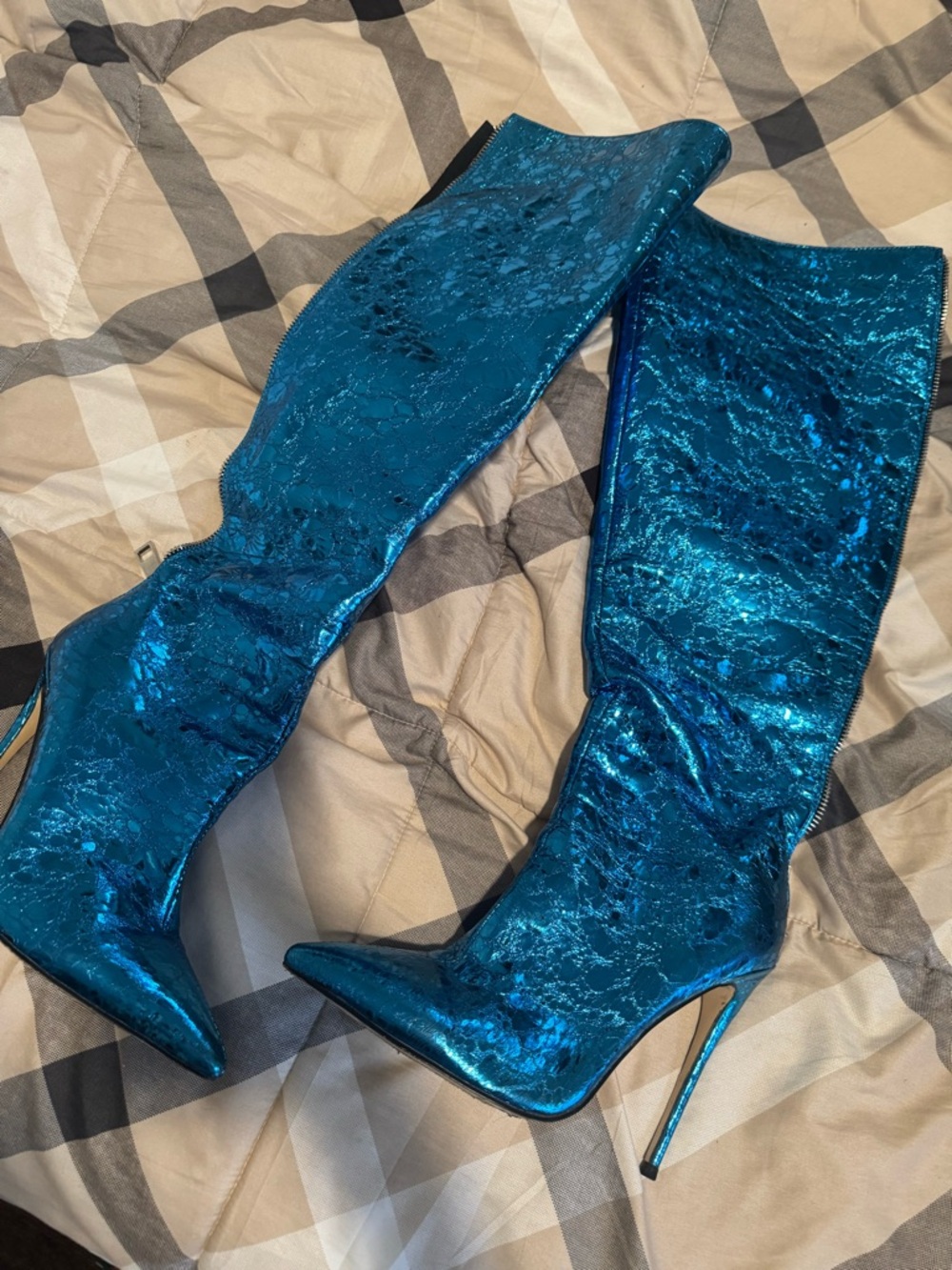 Metallic Blue Over-the-Knee Stiletto Boots - Women's